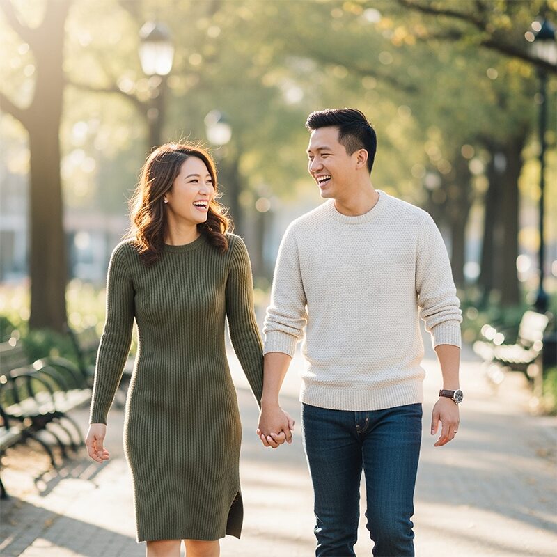 A couple walking outdoors hand in hand, turned toward each other.